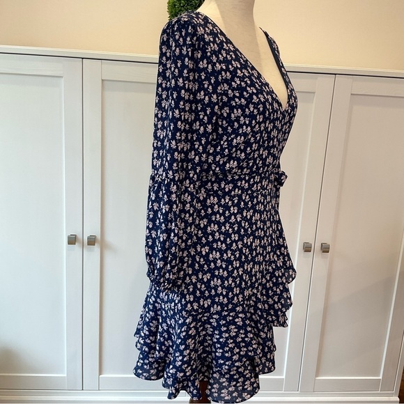 Likely Floral Faux Wrap Ruffle Casimira Mini Length Dress Blue and White Size 4 - Picture 5 of 14